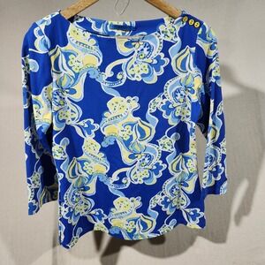 Blue Floral-Print Boatneck Blouse